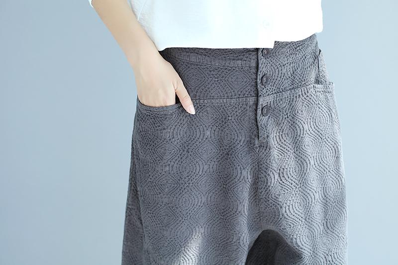 Cotton Women Casual Loose Jacquard Black Wide Leg Pants