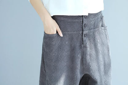 Cotton Women Casual Loose Jacquard Black Wide Leg Pants