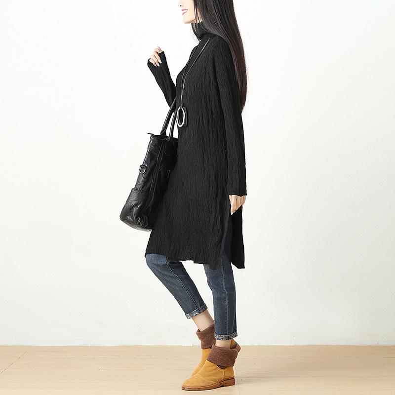 Autumn Winter Slit Fitting Black Dress For Women