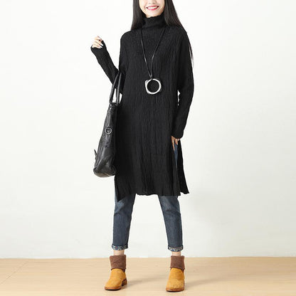 Autumn Winter Slit Fitting Black Dress For Women