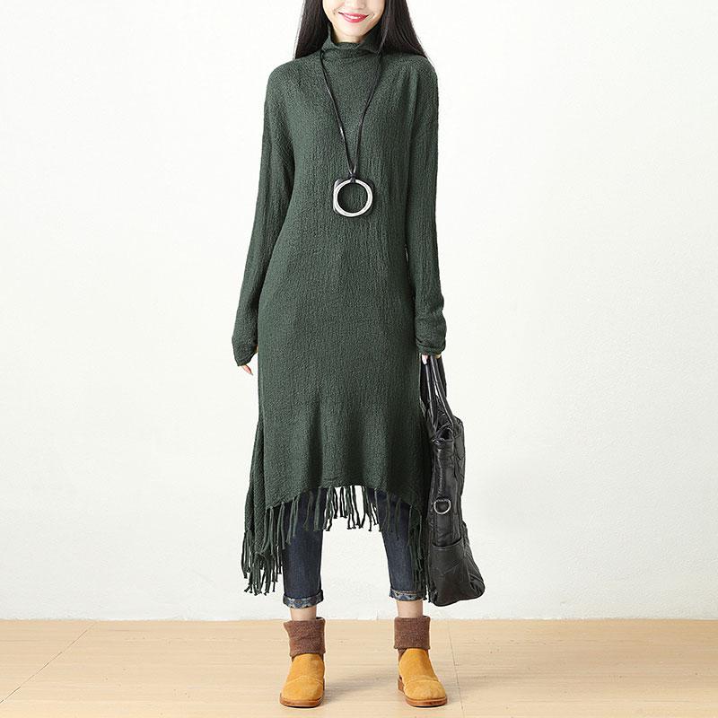 Autumn Winter Tassel Fitting Green Dress For Women