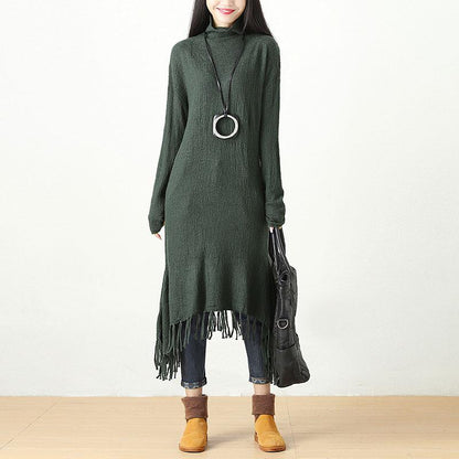 Autumn Winter Tassel Fitting Green Dress For Women