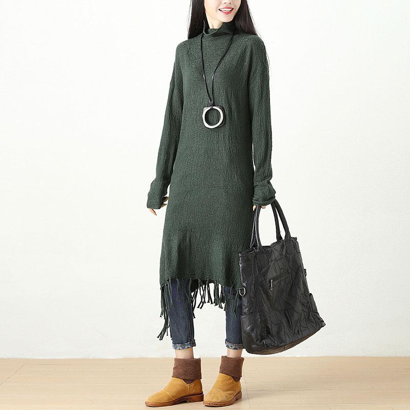 Autumn Winter Tassel Fitting Green Dress For Women