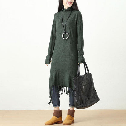 Autumn Winter Tassel Fitting Green Dress For Women