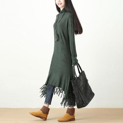 Autumn Winter Tassel Fitting Green Dress For Women