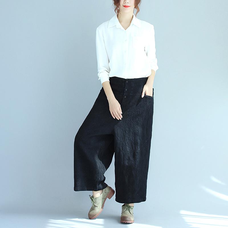 Cotton Women Casual Loose Jacquard Black Wide Leg Pants