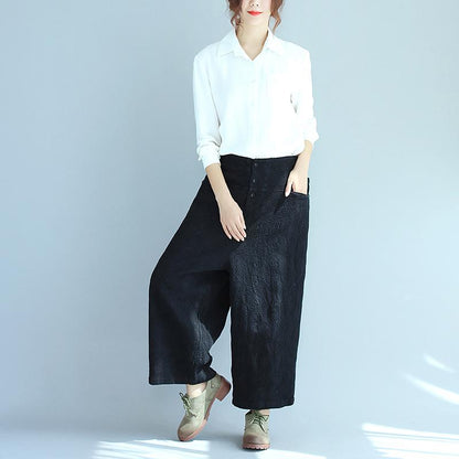Cotton Women Casual Loose Jacquard Black Wide Leg Pants