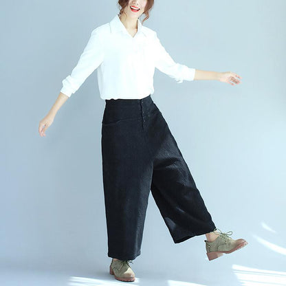 Cotton Women Casual Loose Jacquard Black Wide Leg Pants