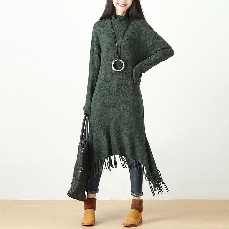 Autumn Winter Tassel Fitting Green Dress For Women