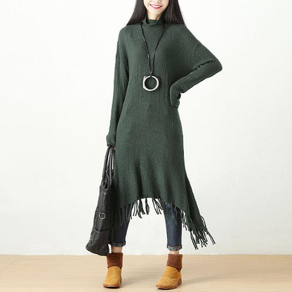 Autumn Winter Tassel Fitting Green Dress For Women