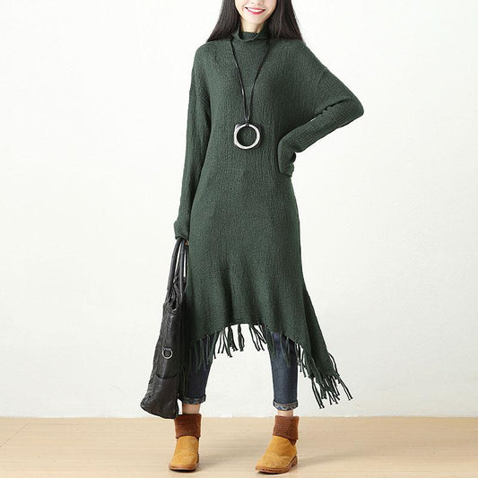 Autumn Winter Tassel Fitting Green Dress For Women