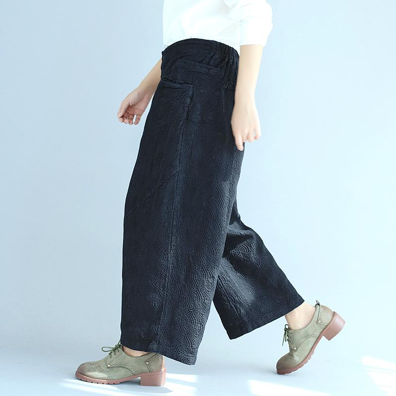 Cotton Women Casual Loose Jacquard Black Wide Leg Pants
