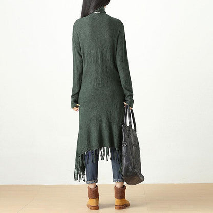 Autumn Winter Tassel Fitting Green Dress For Women