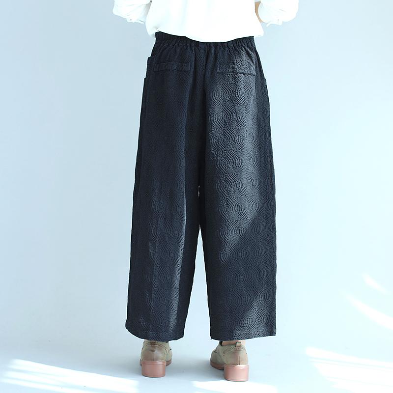 Cotton Women Casual Loose Jacquard Black Wide Leg Pants