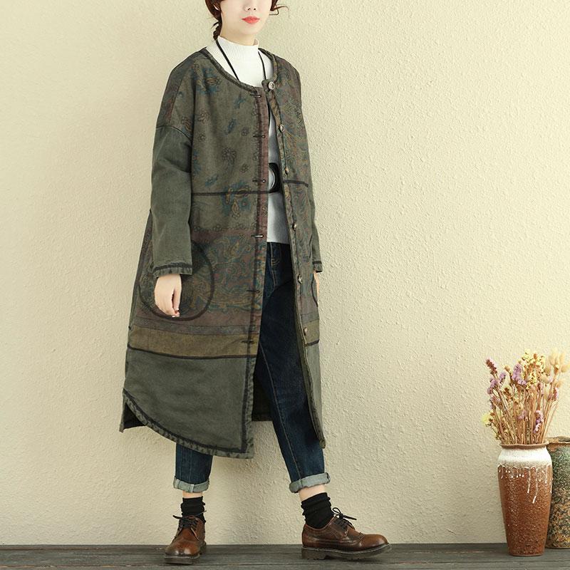 Women Autumn Winter Retro Single Breasted Print Asymmetric Coat