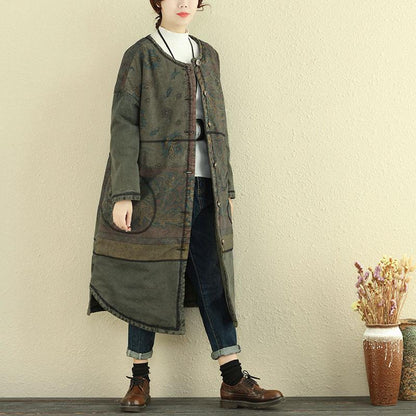 Women Autumn Winter Retro Single Breasted Print Asymmetric Coat
