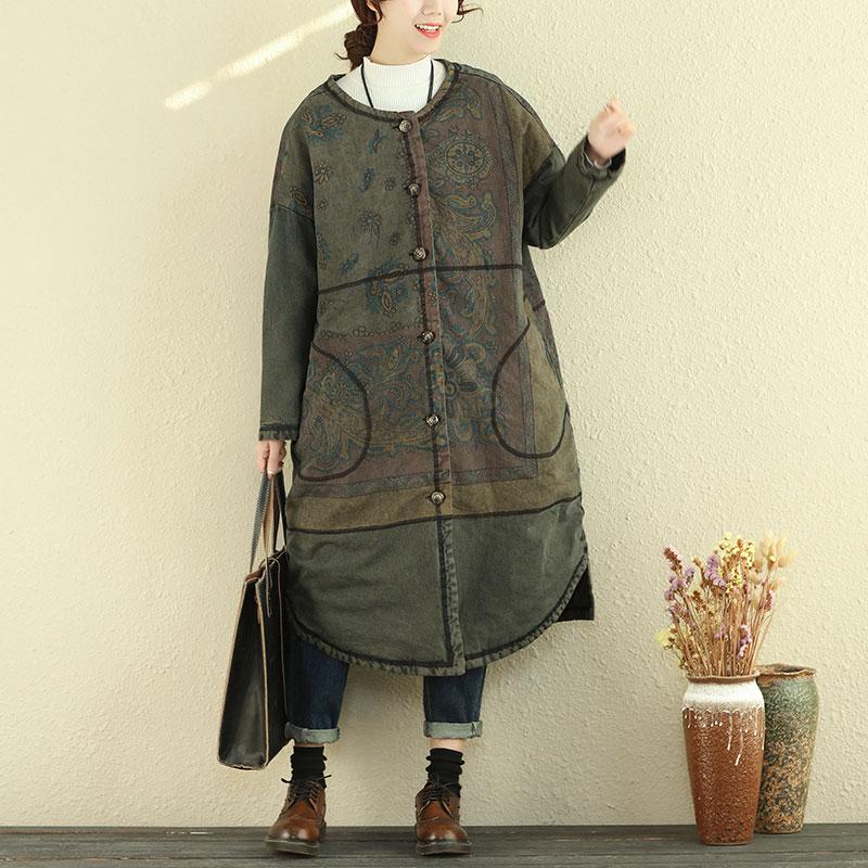 Women Autumn Winter Retro Single Breasted Print Asymmetric Coat