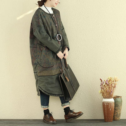 Women Autumn Winter Retro Single Breasted Print Asymmetric Coat