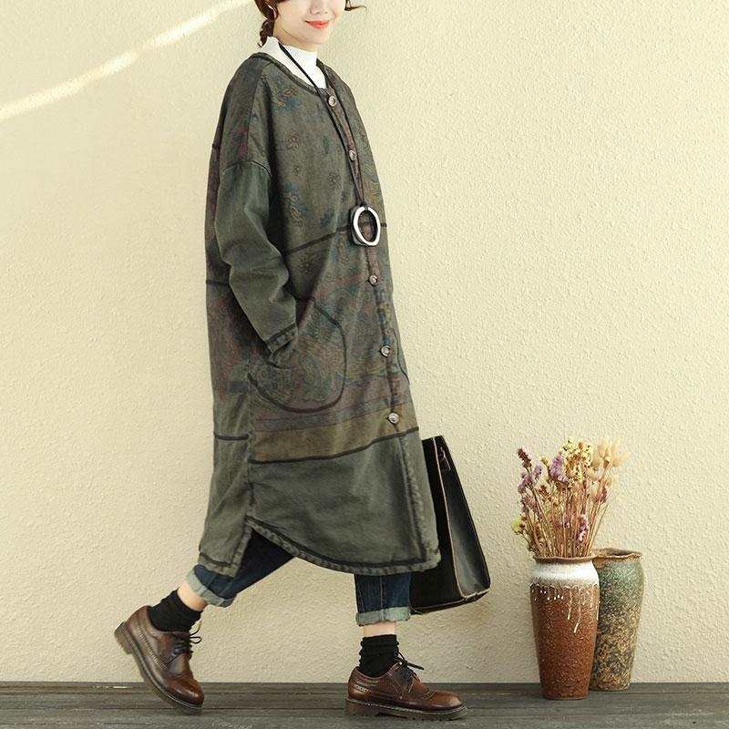 Women Autumn Winter Retro Single Breasted Print Asymmetric Coat