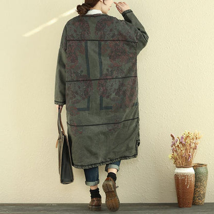 Women Autumn Winter Retro Single Breasted Print Asymmetric Coat