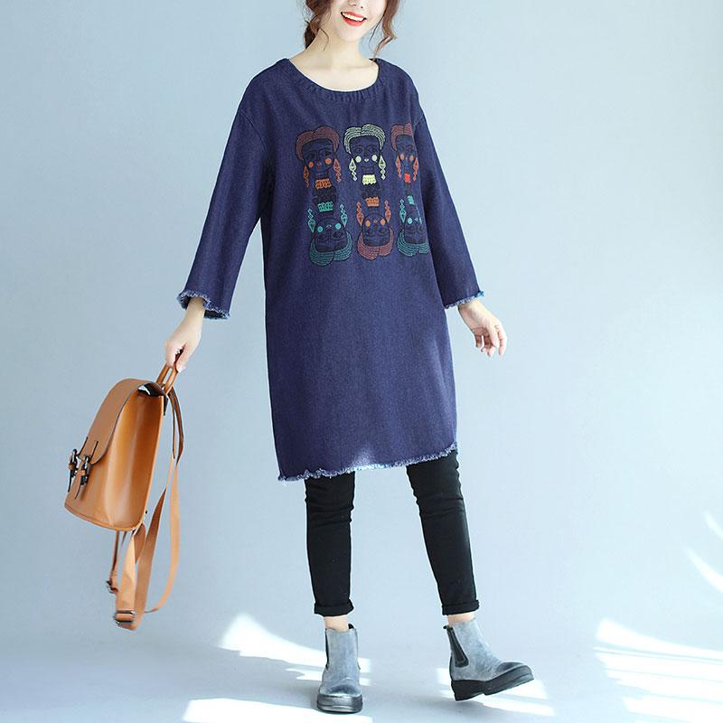 Women Round Neck Long Sleeve Embroidered Denim Shirt