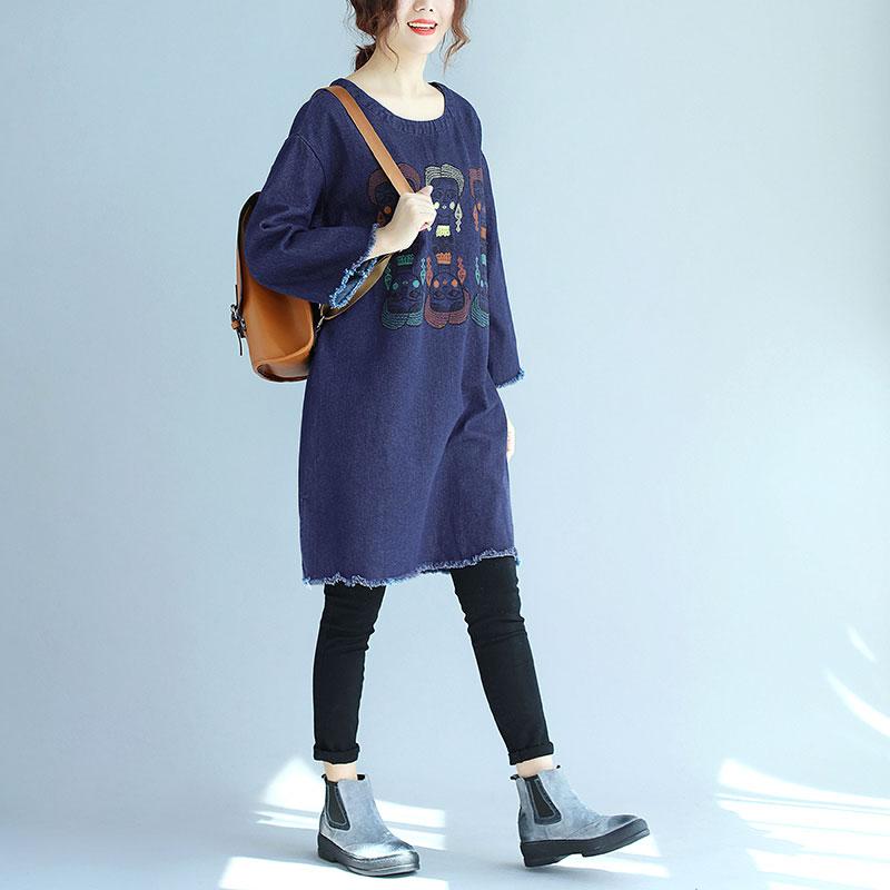 Women Round Neck Long Sleeve Embroidered Denim Shirt