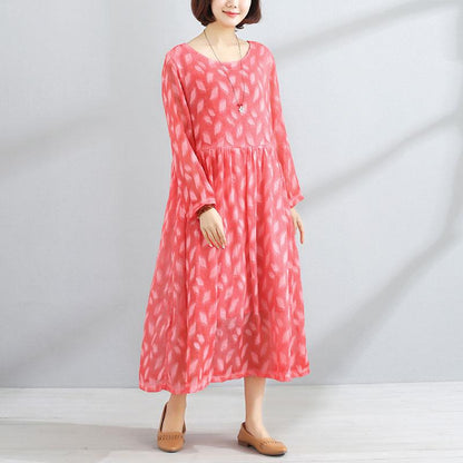 Women Lining Round Neck Long Sleeve Red Pleated Dress