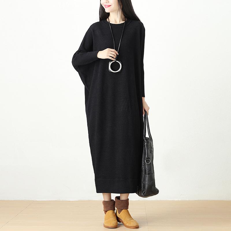 Autumn Winter Loose Knitted Sweater Black Dress For Women