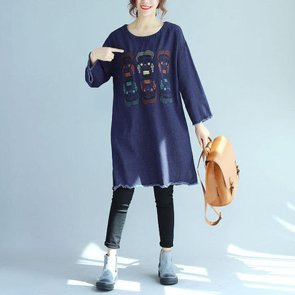 Embroidery Women Round Neck Long Sleeve Denim Shirt