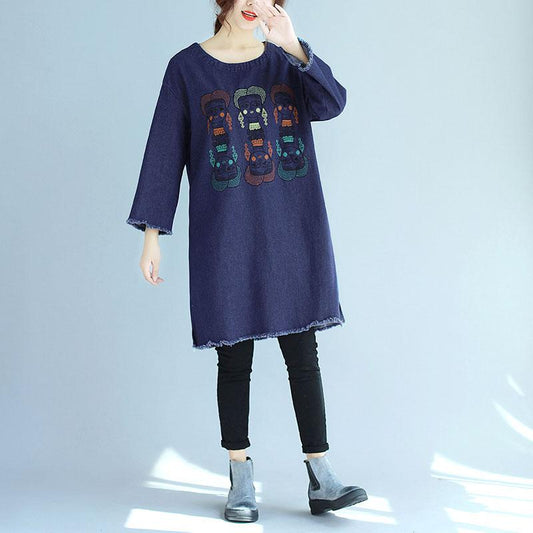 Embroidery Women Round Neck Long Sleeve Denim Shirt