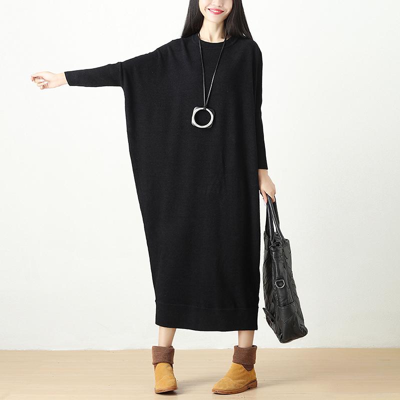 Autumn Winter Loose Knitted Sweater Black Dress For Women