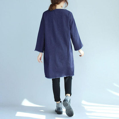Women's Round Neck Long Sleeve Blue Denim Shirt