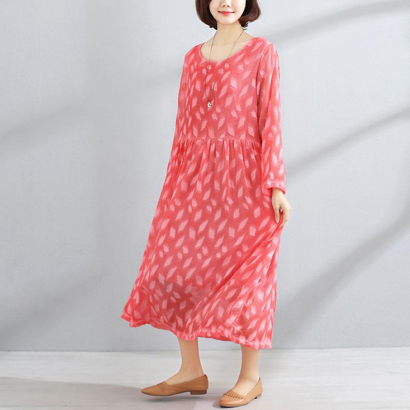 Women Lining Round Neck Long Sleeve Red Pleated Dress