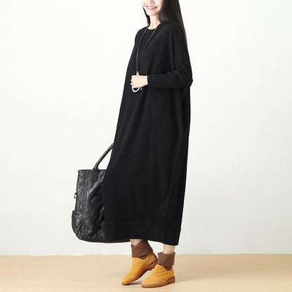 Autumn Winter Loose Knitted Sweater Black Dress For Women
