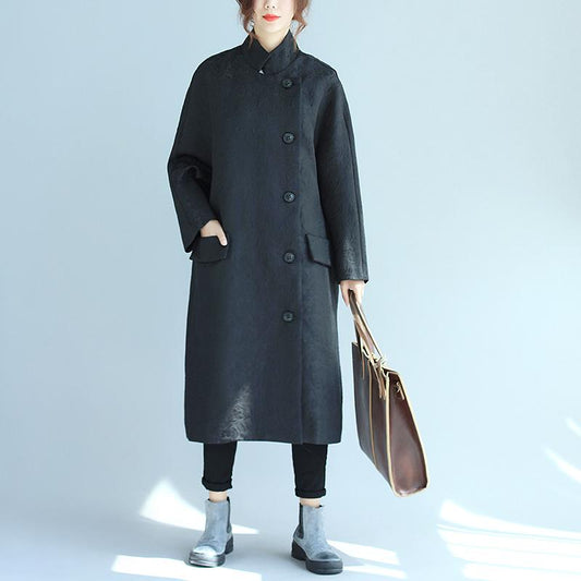 Stand Collar Oblique Breasted Women Jacquard Black Windbreaker Coat