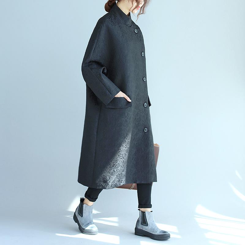 Stand Collar Oblique Breasted Women Jacquard Black Windbreaker Coat