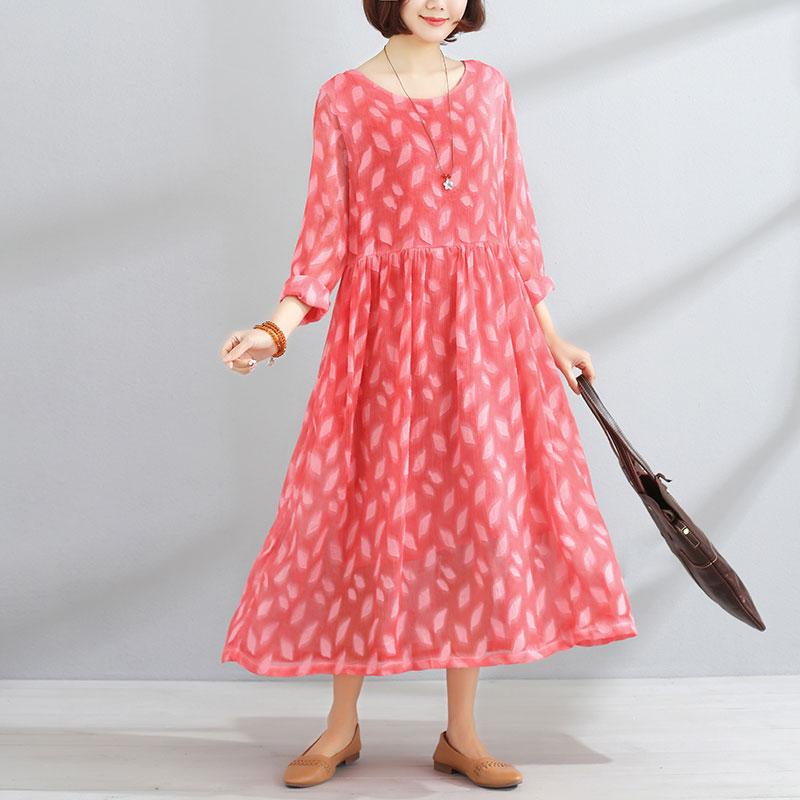 Women Lining Round Neck Long Sleeve Red Pleated Dress