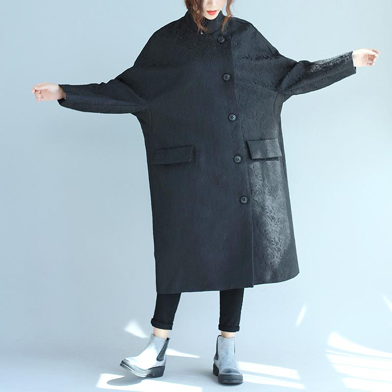 Stand Collar Oblique Breasted Women Jacquard Black Windbreaker Coat