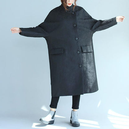 Stand Collar Oblique Breasted Women Jacquard Black Windbreaker Coat