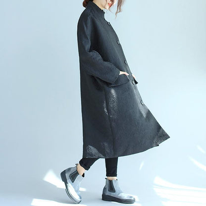 Stand Collar Oblique Breasted Women Jacquard Black Windbreaker Coat