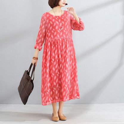 Women Lining Round Neck Long Sleeve Red Pleated Dress