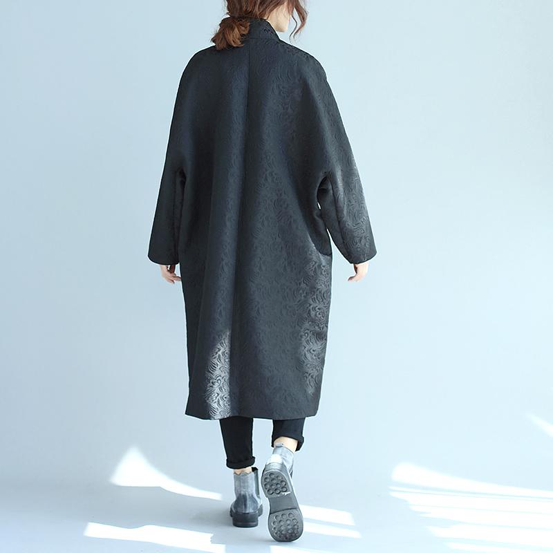 Stand Collar Oblique Breasted Women Jacquard Black Windbreaker Coat