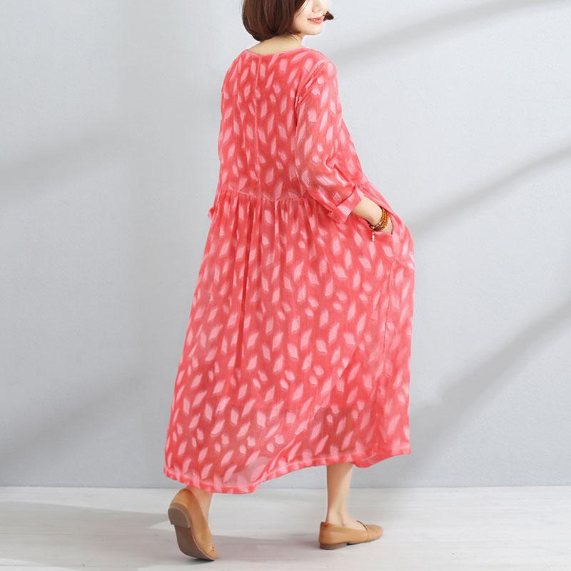 Women Lining Round Neck Long Sleeve Red Pleated Dress