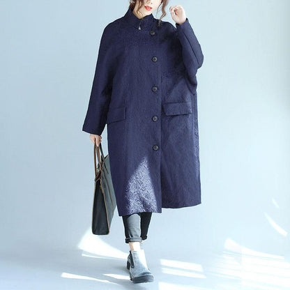 Stand Collar Oblique Breasted Women Navy Blue Windbreaker Coat