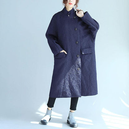 Stand Collar Oblique Breasted Women Navy Blue Windbreaker Coat
