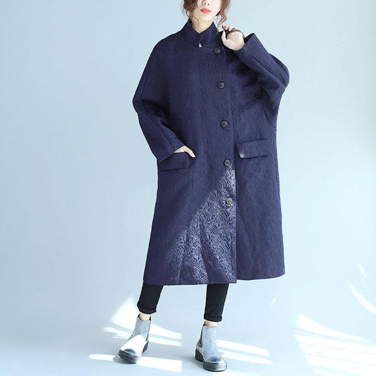 Stand Collar Oblique Breasted Women Navy Blue Windbreaker Coat