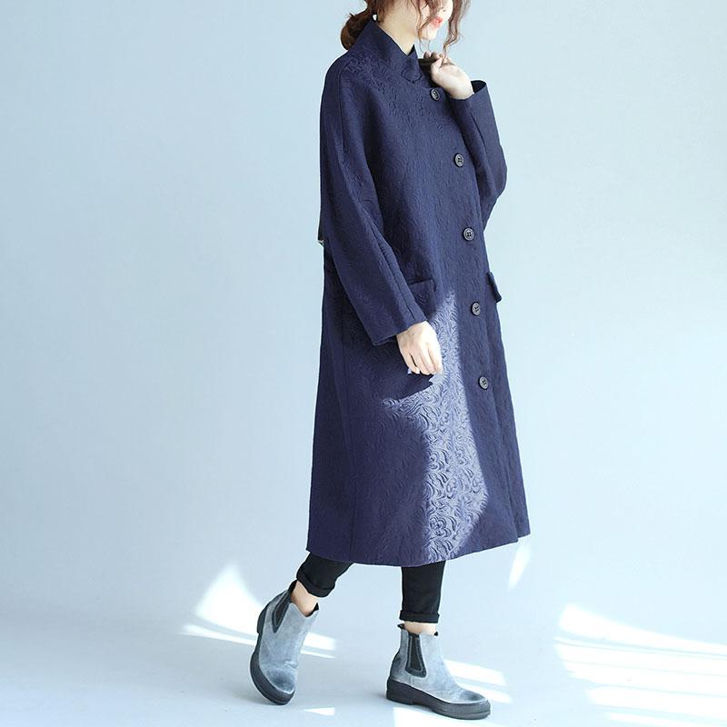 Stand Collar Oblique Breasted Women Navy Blue Windbreaker Coat