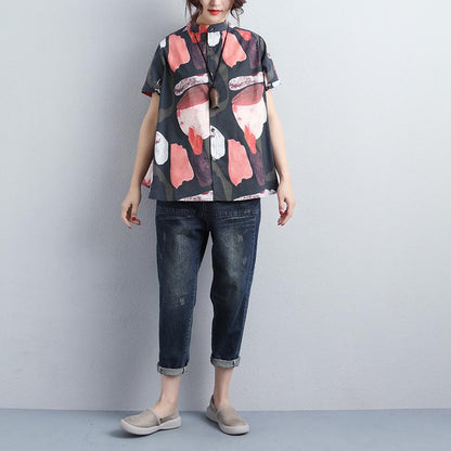 Women Stand Collar Single Breasted Short Sleeve Tops