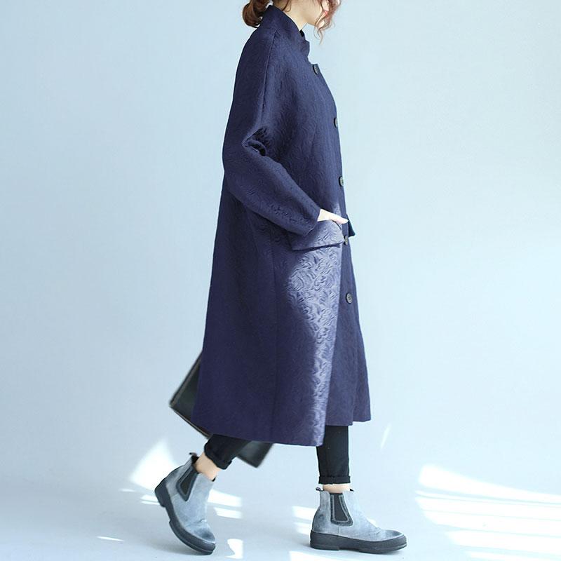 Stand Collar Oblique Breasted Women Navy Blue Windbreaker Coat