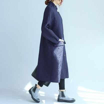 Stand Collar Oblique Breasted Women Navy Blue Windbreaker Coat